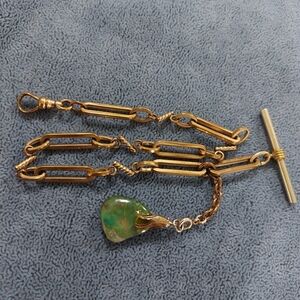Antique Gold Filled Watch Chain with Green Turquoise Fob